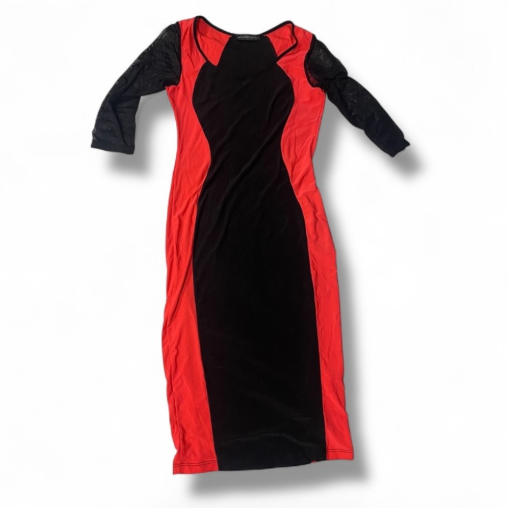 Color Block Contrast Midi Dress Women’s 1XL w/ Mesh 3/4 Long Sleeves by Symphony